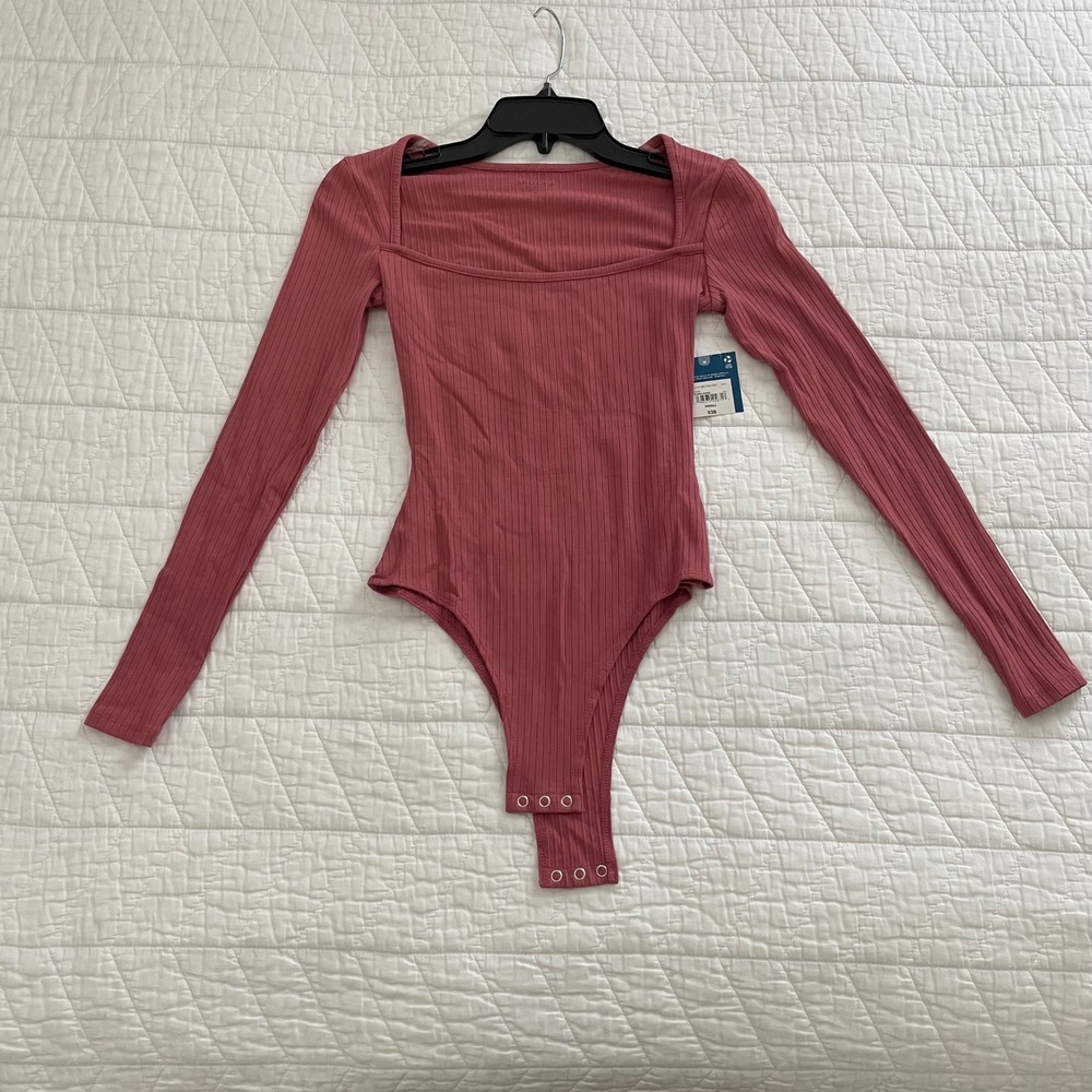 Arizona Jean Co Womens Ribbed Long Sleeve Bodysuit Yuma Rose Pink Square Neck S
